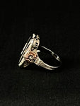 white and rose gold filigree with onyx and diamond ring